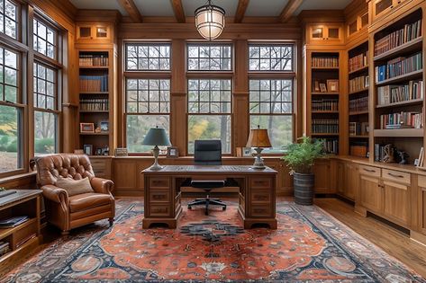 Craftsman Home Built Ins, Craftsman Style Library, Craftsman Library Room, Craftsman Library, Craftsman House Interior, Man Cave Study, Front Porch Exterior, Stained Glass Interior, Cozy Craftsman