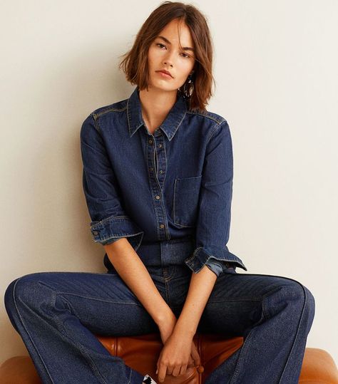 Mango Dark Denim Shirt Dark Denim Shirt Outfit, Denim Shirt Outfit Women, Graceful Poses, Sew Denim, Simple Capsule Wardrobe, Dark Denim Shirt, Denim Shirt Outfit, Denim Outfit Men, Denim Styling