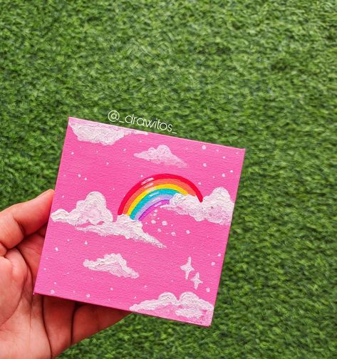 Small Canvas Rainbow Painting, Canvas Painting Ideas Rainbow, Pink Sky Painting Easy, Rainbow Clouds Painting, Acrylic Rainbow Painting, Rainbow Landscape Painting, Aesthetic Rainbow Painting, Rainbow Painting Ideas On Canvas, Rainbow Drawing Aesthetic