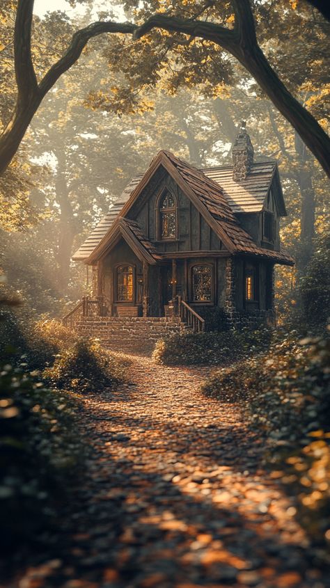 Enchanted House in the Mysterious Woods Dark Cottage In The Woods, House In The Middle Of The Forest, Dark Forest House, Stone House In The Woods, Cottage In The Woods Aesthetic, Cabin In The Woods Aesthetic, Cozy Cottage In The Woods, Cottages In The Woods, Enchanted House