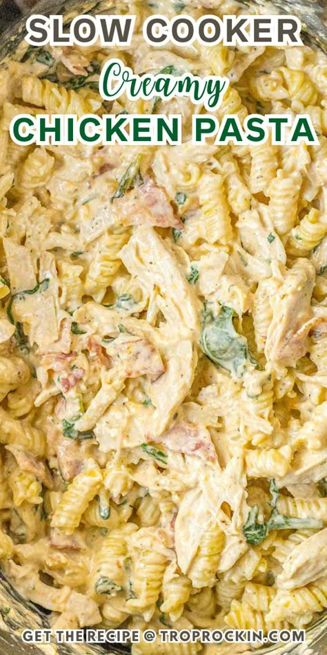 Slow Cooker Creamy Ranch Chicken Pasta, Chicken Bacon Ranch Pasta Crockpot Slow Cooker, Chicken Spinach Pasta Crockpot Recipes, Crock Pot Chicken Ranch Recipes, Chicken Bacon Ranch Pasta Crockpot, Crockpot Creamy Chicken Pasta, Crock Pot Chicken Bacon Ranch Pasta, Crock Pot Chicken Bacon Ranch, Crock Pot Creamy Ranch Chicken