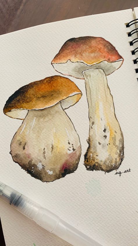 Mushroom Watercolor Paintings, Watercolor Mushroom Painting, Watercolour Mushroom, Skulls Animal, Mushroom Watercolor, Glass Cloches, Watercolor Mushroom, Watercolor Autumn Leaves, Halloween Watercolor