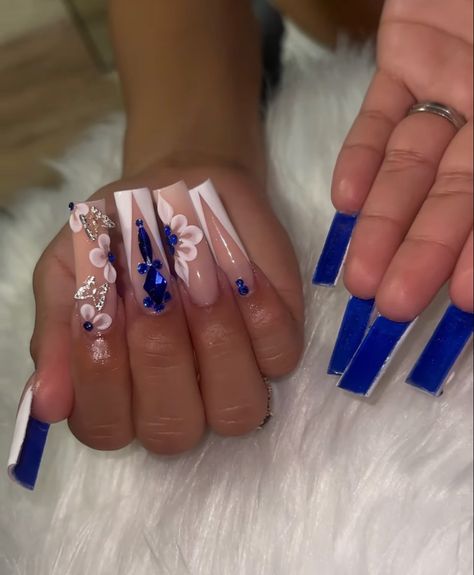 Prom Nail Inspo Royal Blue, Royal Blue Gem Nails, Royal Blue Diamond Nails, Royal Blue Nails For Wedding, Royal Blue Acrylic Nails For Quince, 16th Birthday Nails Sweet 16, Blue Bottom Nails, Graduation Nails Acrylic Blue, Royal Blue Bling Nails