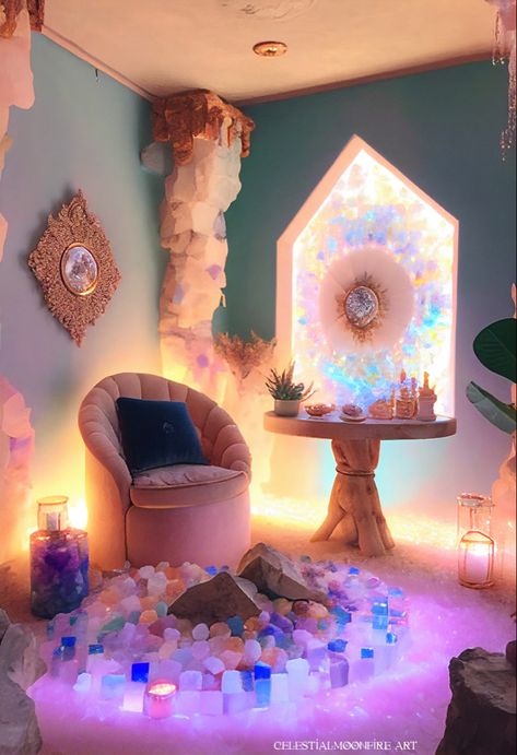 Crystal Healing Aesthetic, Reiki Healing Room Ideas, Crystal Room Ideas, Spiritual Living Room, Packaging Room, Witchcraft Room, Reiki Room Decor, Goddess Room, Crystal Healing Room