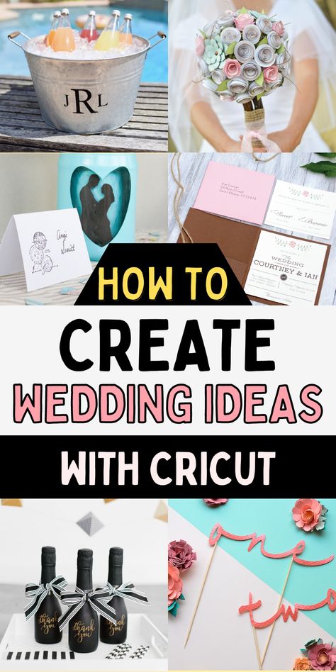 How to make wedding decor with your Cricut. Easy tips for making wedding decor DIY. How to use your Cricut for wedding decor. Wedding Signs Made With Cricut, Diy Cricut Wedding Decorations, Cricut Maker 3 Wedding Projects, Wedding Gifts Made With Cricut, Crichton Wedding Ideas, Silhouette Wedding, Cricut Joy Wedding Projects, Wedding Decor Cricut, Wedding Gift Cricut