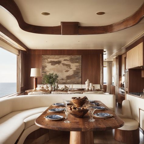 Set sail in style with this beautifully crafted yacht interior, where the elegance of curved wooden paneling meets the serenity of the sea. This space is a celebration of nautical sophistication, designed to provide an intimate connection with the ocean. Neverscene.ai draws inspiration from the fluidity of water and the warmth of wood to curate luxurious maritime interiors. Navigate through our AI design tools and anchor your unique vision of a lavish seafaring lifestyle. Yacht Inspired Interior Design, Superyacht Interior Design, Yacht Club Interior, Acl Aesthetic, Ship Interior Design, Coastal Ceiling, Sailing Yacht Interior, Wooden Paneling, Rv Interior Design