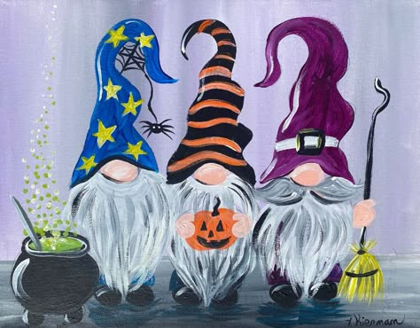 Gnome Paintings - 10 Acrylic Online Painting Tutorials Tracie Kiernan, Gnome Paintings, Halloween Canvas Paintings, Halloween Painting Ideas, Paint And Sip Ideas, Halloween Canvas Art, Fall Paintings, Fall Canvas Painting, Paint Night Ideas