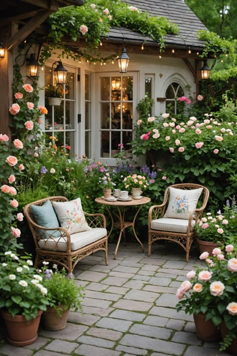 Cottage Outdoor Seating, Whimsical Garden Shed, Whimsical Patio Ideas, Fairytale House Aesthetic, Secret Garden Ideas Backyard, Fairytale Cottage Exterior, Whimsical Cottage Interior, Dream Garden Fairytale, French Courtyard Garden Ideas