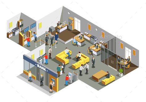 Bank Office Interior Isometric Composition Bank Interior Design, Offices Interior, Bank Interior, Bank Office, Office Furniture Layout, Banks Office, Bank Design, Retail Banking, Interior Design Drawings