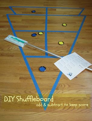 DIY shuffleboard (swiffer mop paddle, lid biscuits, and a board made from blue painters tape). Voila! Kids have a blast while adding and subtracting to keep score! Balance Games For Seniors, Single Activities, Diy Shuffleboard, Preschool Pe, Activities Coordinator, Resident Activities, Assisted Living Activities, Adult Activities, Senior Living Activities