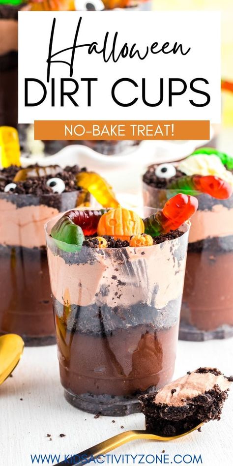 Halloween Dirt Cups has layers of chocolate instant puddings, crushed Oreos and is topped with Halloween candy. It's a quick and easy Halloween recipe and no bake dessert. Halloween Dirt Cups For Kids, Halloween Dirt Cups, Dirt Cake Cups, Dirt Cups Dessert, Halloween Dirt, Autumn Treats, Dirt Cups, Easy Snacks For Kids, Dirt Cake