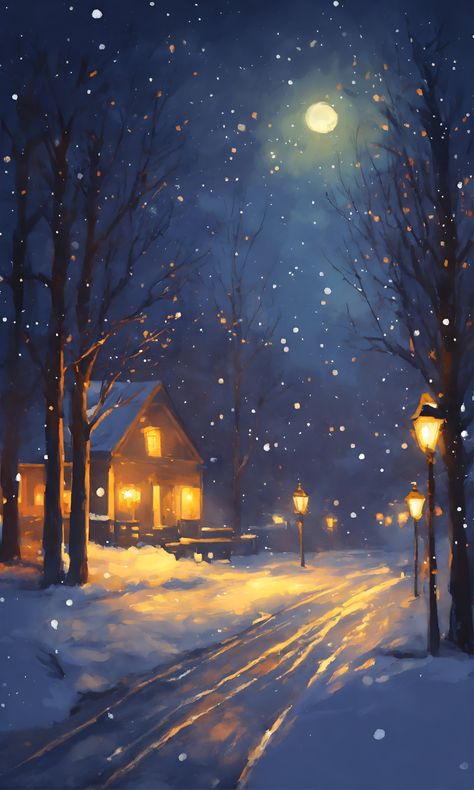 Snowing Aesthetic Wallpaper, Wallpaper S, Mobile Phone Wallpaper, Free Wallpaper Backgrounds, Night Illustration, Christmas Landscape, Christmas Scenery, Painting Snow, Scenery Paintings