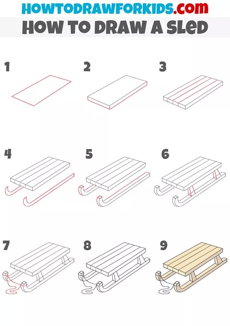 How to Draw a Sled - Easy Drawing Tutorial For Kids How To Draw A Sled Easy, Holiday Drawings Winter, Sledding Drawing, Sled Drawing, Igloo Drawing, Watercolor Paint Ideas, Cozy Coloring Pages, Painting Craft Ideas, Vehicle Drawing