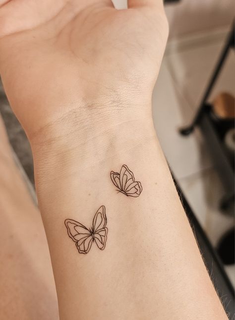 Fine line butterfly tattoo, gotten as a souvenir when in Prague last summer! Super dainty and aesthetic wrist tattoo Wrist Butterfly Tattoo, Butterfly Tattoo On Wrist, Fine Line Butterfly Tattoo, Line Butterfly Tattoo, Fine Line Butterfly, Line Butterfly, Tattoo On Wrist, Butterfly Wrist Tattoo, Birthday Tattoo