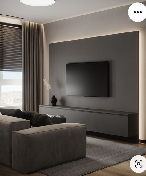 Tv Wall Design Grey, Grey Tv Unit Living Room, Tv Wall Small Living Room, Grey Tv Wall, Casual Living Room Design, Grey Tv Unit, Dnevna Soba, Panel Tv, Feature Wall Living Room