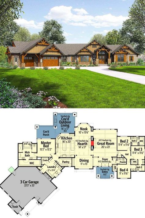 Story Mountain, Mountain Craftsman, Floor Plans Ranch, Rustic House Plans, Mountain Ranch, House Plans One Story, Single Story Homes, 4 Bedroom House Plans, Mountain House Plans