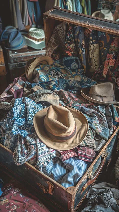 Vintage Travel Gear: An open vintage suitcase overflowing with colorful clothes and a classic hat, ready for an adventure. #vintage #travel #suitcase #hat #clothing #aiart #aiphoto #stockcake ⬇️ Download and 📝 Prompt 👉 https://stockcake.com/i/vintage-travel-gear_1027616_1144214 Old Luggage Aesthetic, Suitcase Display, White Fedora Hat, Old Luggage, Leather Trunk, Colorful Clothes, Travel Trunk, Cartoon House, Old Suitcases