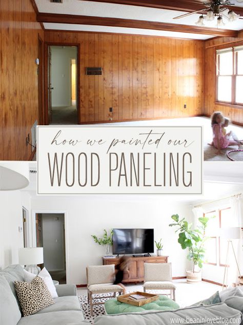 Tips for updating a wood panel room with paint. Wood Paneling Living Room, Wood Paneling Makeover, Paneling Makeover, Painting Wood Paneling, Painted Wood Walls, Wood Bedroom, Wood Panel Walls, Updating House, White Paneling