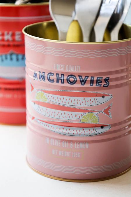 Kitchen Storage Jars, Bowls & Canisters | Rockett St George Tinned Fish, Tin Tiles, Pantry Essentials, Rockett St George, Tin Ceiling Tiles, Kitchen Cutlery, Small Tins, Spring 2025, Colourful Design