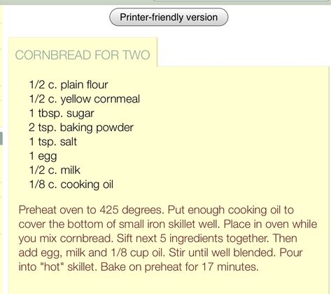 Cornbread For One Or Two, Single Serving Cornbread, Cornbread For Two, Hobbit Feast, Single Meals, Small Recipes, Cake Flour Recipe, Cornbread Biscuits, Cornbread Recipes