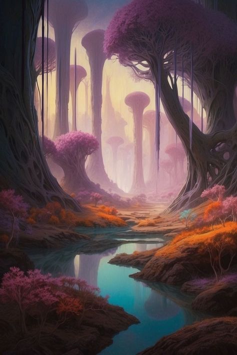 An eerie and enchanting eldritch oasis comes to life, conjuring an otherworldly landscape where alien plant life and creatures coexist in an ethereal dance of color and light. Capture the enigmatic essence of this realm, drawing you into a surreal and beautifully haunting experience. Alien Landscape, Alien Plants, Alien Aesthetic, Color And Light, Alien Concept, Landscape Concept, Alien Planet, Alien Concept Art, Alien Worlds