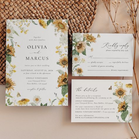 Boho Sunflower Golden Rays Floral Elegant Wedding Invitation Sunflower Summer Wedding, Watercolour Sunflowers, Sunflower Wedding Invitation Template, Typography Background, Rustic Sunflower Wedding, Sunflower Themed Wedding, White Roses Wedding, Sunflower Wedding Invitations, Rose Wedding Invitations