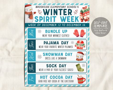 December Spirit Week Ideas, November Spirit Week Ideas, Winter Spirit Week Ideas, October Spirit Week Ideas, Christmas Spirit Week Ideas For Work, Thanksgiving Spirit Week Ideas, Winter Spirit Week, Holiday Spirit Week, Kids School Organization