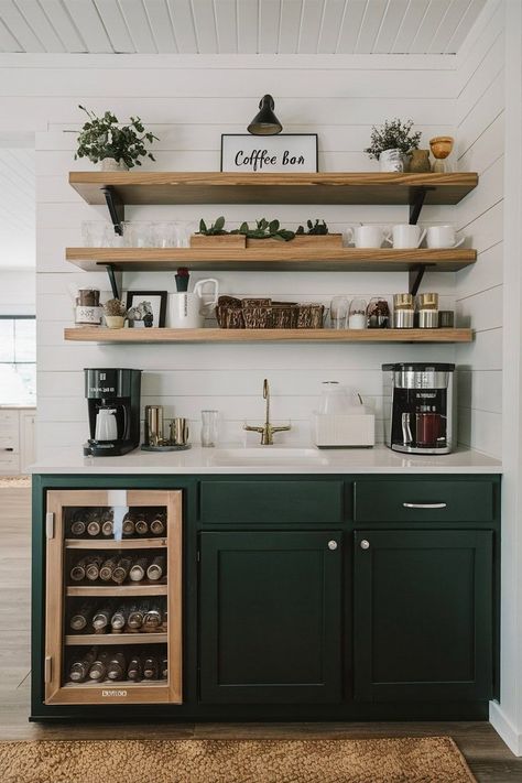 Coffee Station Open Shelving, Kitchen Bar And Coffee Station, Wet Bar To Coffee Bar, Coffee Bar In Dining Room Modern, Coffee Nook With Microwave, Bar Decor Ideas For Home, Salon Coffee Station Ideas, Home Office Kitchenette, Old Dresser Into Coffee Bar