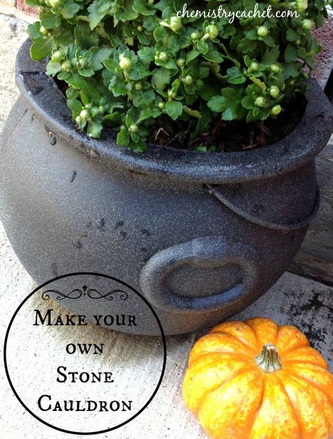 Everything looks so tired and dry after the LONG hot summer, it is so fun to fix it up with beautiful fall flowers and pumpkins. @chemistrycachet found  $0.97 cauldrons and decided to transform them into a planter! Check out just how easy it was with Rust-Oleum Multicolor Textured Spray Paint! http://www.rustoleum.com/product-catalog/consumer-brands/stops-rust/multicolor-textured/ Cheap Planters, Stone Planter, Pumpkin Planter, Blue Planter, Stone Planters, Raised Planter, So Tired, Decorative Planters, Concrete Planters