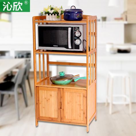 Qin Yan bamboo shelf microwave oven shelf with door compartment lockers wood kitchen storage rack multifunction oven Microwave Oven Shelf, Oven Shelf, Oven Cabinet, Small Oven, Bamboo Shelf, Kitchen Storage Rack, Estantes Flotantes, Wooden Stand, Wood Kitchen