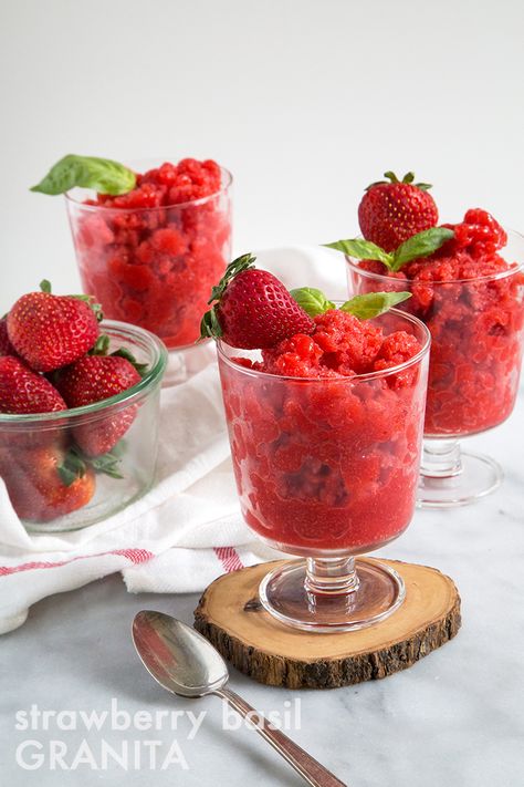 Strawberry Basil Granita | the little epicurean Strawberry Granita, Basil Simple Syrup, Strawberry Basil, Berry Dessert, Lemon Sorbet, Strawberry Lemon, Glutenfree Dairyfree, Summer Berries, Frozen Treat