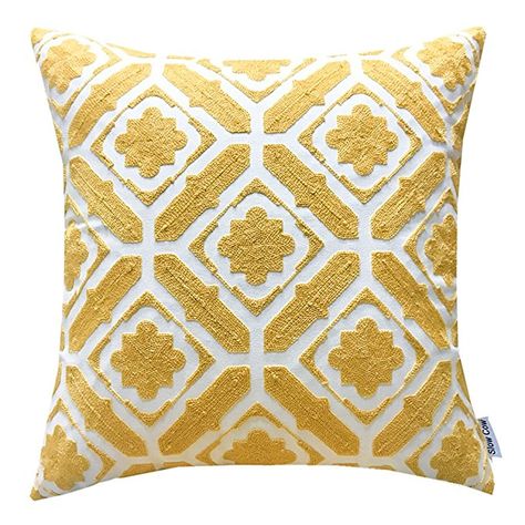 SLOW COW Cotton Embroidered Cushion Cover Floral Pattern Designs Throw Pillow Cover, 18x18 Inch, Yellow. Yellow Cushion Covers, Gold Throw Pillows, Floral Cushion Covers, Embroidered Throw Pillows, Embroidered Pillow Covers, Boho Throw Pillows, Floral Pattern Design, Printed Cushion Covers, Embroidered Cushions