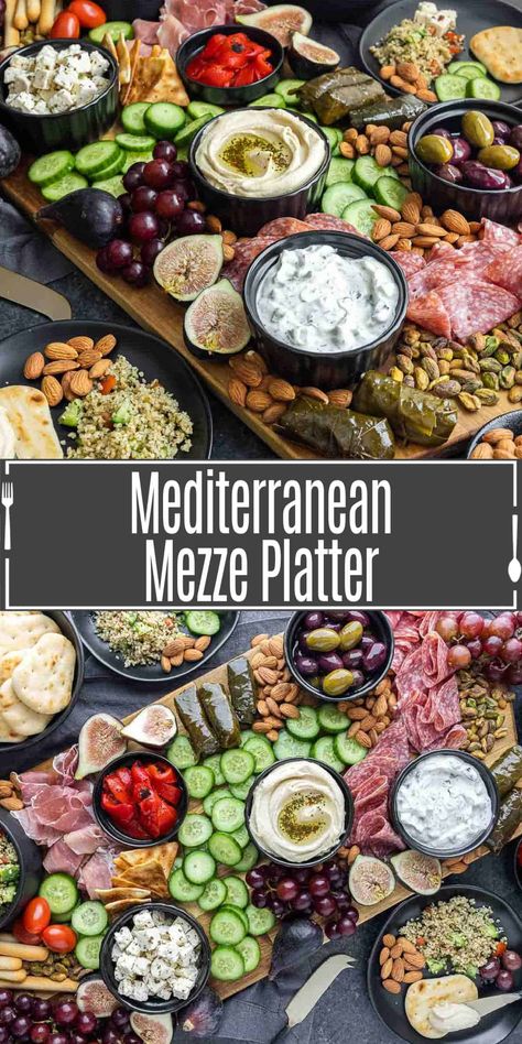 Our Mediterranean version of a charcuterie board, this mezze platter is piled high with meats cheeses, fruits, vegetables, dips, and spreads. This appetizer platter can be any combination of your favorite Mediterranean dishes and/or ingredients. We lean heavily towards Greek items when we make our platter, but there is no wrong way to do it. You can draw from all the Mediterranean regions. Mediterranean Buffet Ideas, Mediterranean Mezze, Mediterranean Snacks, Meze Platter, Mezze Platter, Mediterranean Appetizers, Italian Appetizer, Dips And Spreads, Appetizer Platter