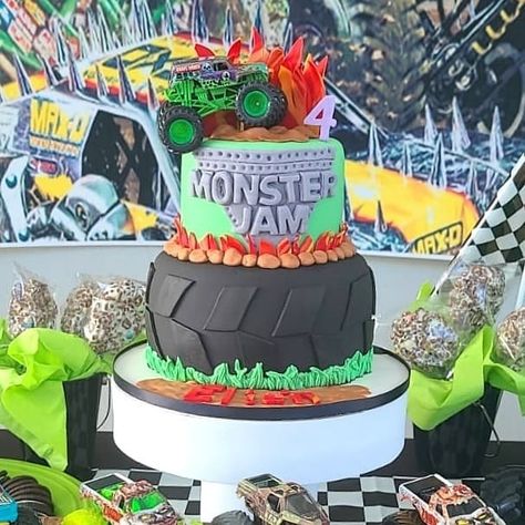 Monster Jams Cakes, Monster Jam Birthday Cake Boys, Monster Jam Birthday Party Ideas Cake, Monster Truck Cakes For Boys, Monster Jam Birthday Cake, Monster Truck Theme Birthday Party, Monster Jam Cake, Monster Jump, Hot Wheels Themed Birthday Party