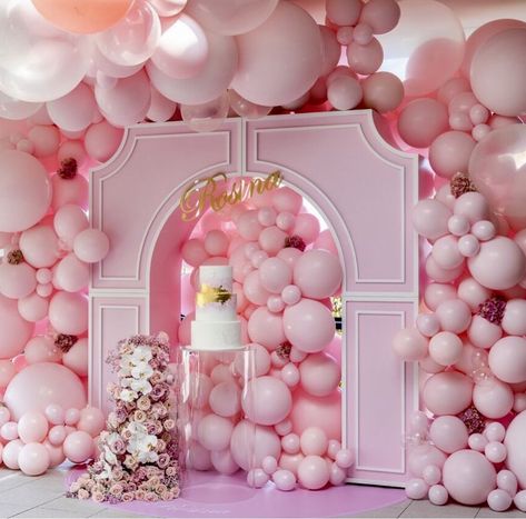 Think Pink Party Decorations Table, Balloons Cake, Baby Shower Background, Luxury Birthday, Party Setup, Pink Backdrop, Girl Birthday Decorations, Birthday Balloon Decorations, Decorations Table