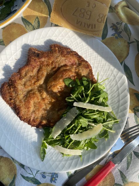 Pork Milanese - Frannie Loves Food Pork Fricassee, Pork Chop Milanese Recipe, Pork And Fennel Pasta, Pork Milanese With Arugula, Jeff Mauro Pork Tenderloin Fennel, Pork Milanese, Large Fries, Italian Cooking, Arugula Salad