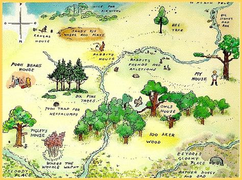 Map of the 100 acre woods - Good for setting the scene! House At Pooh Corner, 100 Acre Wood, Hundred Acre Woods, Winnie The Pooh Birthday, Winnie The Pooh Friends, Wood Map, Christopher Robin, Fantasy Map, Fall Baby