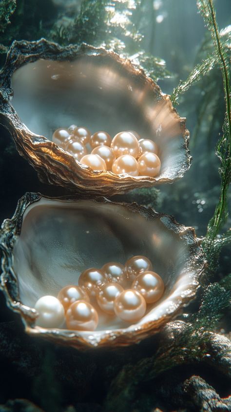 #Sunlit pearl #oysters: Two open oysters nested among #underwater plants, revealing clusters of glossy #pearls bathed in #sunlight. #oysters #pearls #sunlight #underwater #aquatic #aiart #aiphoto #stockcake ⬇️ Download and 📝 Prompt 👉 https://stockcake.com/i/sunlit-pearl-oysters_1356753_434489 Pearls In Oysters, Oysters Aesthetic, Oyster With Pearl, Nye 2024, Sea Vibes, Pearl Aesthetic, Underwater Plants, Edible Pearls, Bid Day Themes