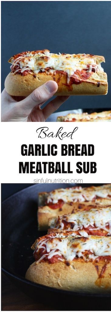 Baked Garlic Bread #Meatball Sub #Recipe -- #Italian-style #meatballs nestled in buttery #garlic bread, and topped with melty mozzarella | @sinfulnutrition www.sinfulnutrition.com Garlic Bread Meatball Subs, Garlic Bread Meatball, Baked Garlic Bread, Breaded Meatballs, Meatball Sub Recipe, Bread Garlic, Beef Entrees, Meatball Sub, Meatball Sandwich