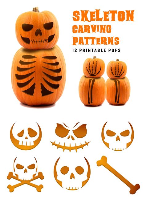 Get into the Halloween spirit with these spooky skeleton pumpkin carving stencils. With 12 easy patterns to choose from, you can create a whole graveyard of jack-o-lanterns. These carving stencils are easy to use, so even the littlest ghouls and goblins can help out. Plus, they're printable, so you can use them again and again. Get ready to rattle some bones! You will get a PDF file that includes: * 1 page of instructions * 1 page of tips to make your pumpkin top-notch * 12 pages of pumpkin patterns Please note that this is a PDF pattern only. The product provided will be a digital download. You will NOT receive any pumpkins, papers, or other physical product. Please let me know if you have any questions and I will get back to you as soon as possible. PDF's can be instantly downloaded foll Skeleton Jack O Lantern, Skeleton Carving Pumpkin, Pumpkin Skeleton Carving, Skeleton Pumpkin Carving Stencil, Pumpkin Carving Ideas Skeleton, Pumpkin Carving Skeleton, Pumpkin Skull Carving, Pumpkin Carving Ideas Unique, Skeleton Pumpkin Carving