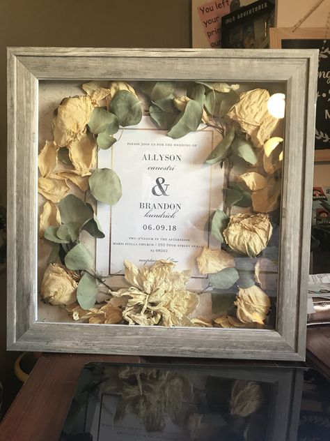 Brides bouquet and wedding invitation used to decorate a shadow box as a 1st anniversary present Wedding Shadow Box, Flower Shadow, Wedding Bouquet Preservation, Wedding Mementos, Flower Shadow Box, Brides Bouquet, Bouquet Preservation, Box Roses, Wedding Scrapbook