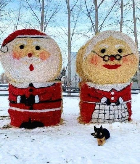 Christmas Hay Bale Decor, Christmas Hay Bales, Hay Bale Decor, Hay Bale Decorations, Hay Bale Art, Mrs Clause, Santa And Mrs Claus, Party Barn, Hay Bales