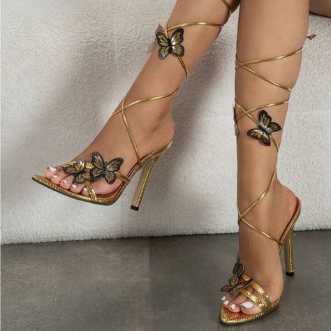 4.5 Inch Butterfly Heels Whimsical Shoes, Butterfly Heels, Tie Sandals, Prom Shoes, Pretty Shoes, Beautiful Shoes, Strappy Heels, Womens High Heels, Ankle Strap Sandals