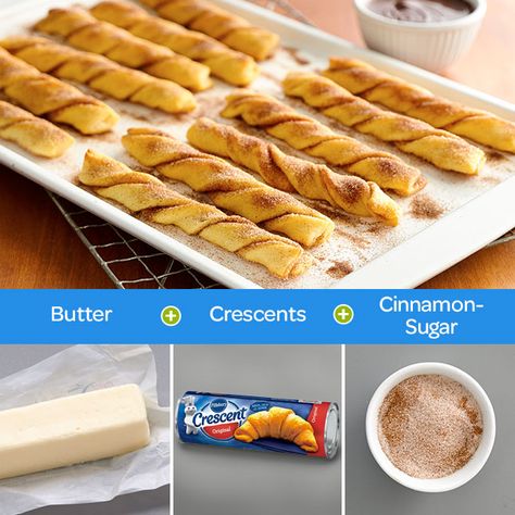 Baked Crescent Churros Pilsbury Recipes, Easy Churros, Easy Churros Recipe, Crescent Roll Dessert, Mexican Treats, Crescent Recipes, Churros Recipe, Pillsbury Recipes, Crescent Roll Recipes