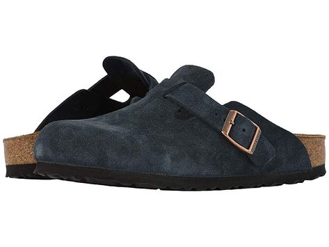 Birkenstock Boston Soft Footbed (Unisex) (Navy Suede) Clog Shoes. Please be advised that the Birkenstock Narrow width accommodates both traditional narrow and medium widths. Birkenstock takes the classic clog to the next comfort level with the Boston Soft Footbed. Soft premium upper available in a variety of materials with a matching adjustable strap ensuring the perfect fit. Anatomically correct cork footbed  crafted from co #Birkenstock #Shoes #ClosedFootwear #Clog #Blue Birkenstock Boston Soft Footbed, Boston Soft Footbed, Birkenstock Men, Neutral Heels, Clogs And Mules, Suede Clogs, Clog Shoes, Boston Clog, Birkenstock Boston