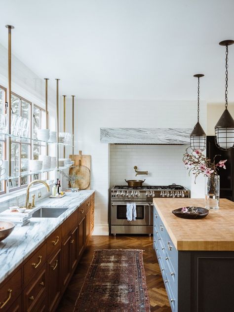 Here’s a Bright Storage Idea: Extend Your Open Shelving Across the Kitchen Windows Shelf Over Kitchen Window, Shelves In Front Of Kitchen Window, Shelf Over Window, Katie Leclercq, Modern Brownstone, Industrial Farmhouse Kitchen, Window Shelf, Bungalow Kitchen, Window Shelves