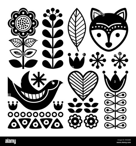 Download this stock vector: Finnish folk art pattern - Scandinavian, Nordic style, black and white - HNXABR from Alamy's library of millions of high resolution stock photos, illustrations and vectors. Illustration Kunst, Modern Folk, Scandinavian Pattern, Hungarian Embroidery, Folk Art Flowers, Scandi Christmas, Folk Design, Redwork Embroidery, Scandinavian Folk Art