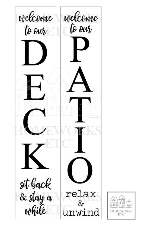 DIY Outdoor PATIO or DECK SIGN (STENCIL ONLYPaint this PATIO or DECK Sign perfect for the front doorMeasures4 ft high by 10 inches wideMany paint colour options available for you to choose fromFeel free to browse our paintsTwo designs to choose fromWelcome to our DECK sit back and stay a while Welcome to our PATIO relaxunwind Instructions includedNOTEWood can be purchased from your local lumber store measuring 4 ft by 10 inchKnotty Pine is a great optionBest results if w Welcome To Our Deck Sign Diy, Back Patio Signs, Deck Signs Outdoor Diy, Welcome To Our Deck Sign, Diy Welcome Signs Wood Front Porches, Cricut Outdoor Signs, Welcome To Our Patio Sign, Patio Signs Outdoor Diy, Backyard Signs And Sayings