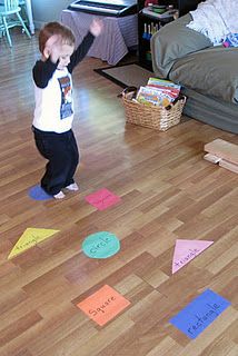 Large Motor Shapes & Colors Game, make big cut outs of shapes and jump to them or toss bean bags on them Toddler Gross Motor Activities, Color Activities For Toddlers, Playground Activities, Shapes For Toddlers, Physical Theatre, Gross Motor Activity, Shape Games, Shapes Preschool, Gross Motor Activities