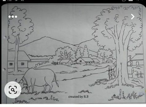 Drawings Of Scenery, Pond Drawing, Village Scene Drawing, Scenery Drawing For Kids, Village Scenery, Easy Scenery Drawing, Village Drawing, Beautiful Pencil Drawings, Easy Girl